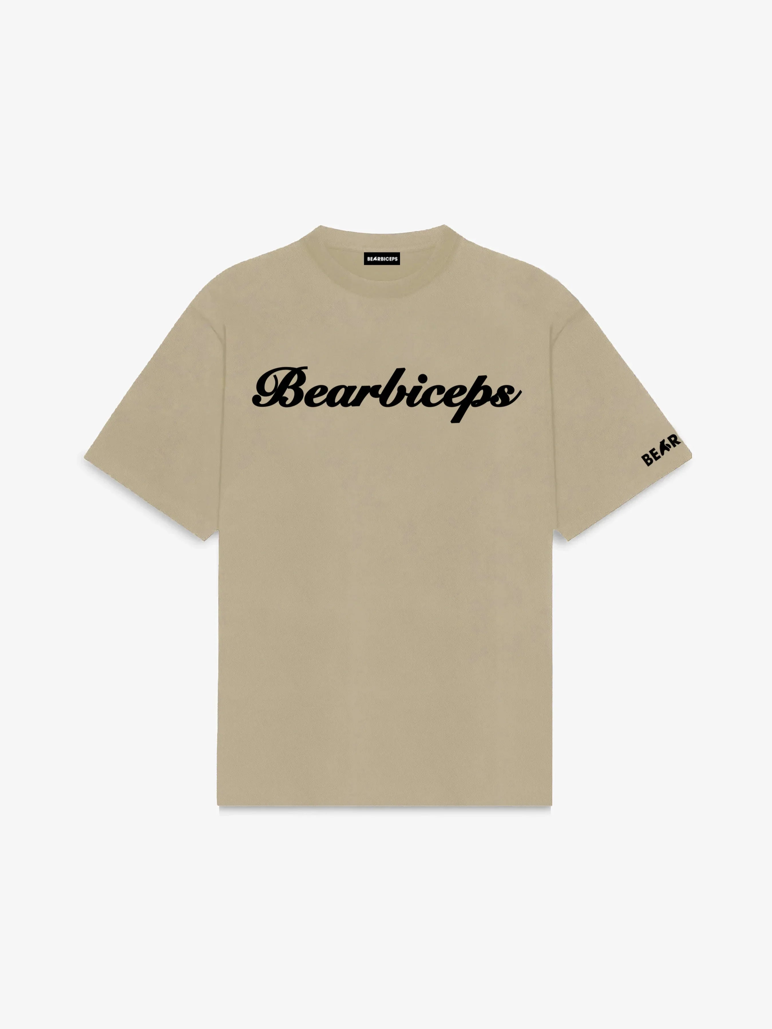Beige t-shirt with 'BEARPACK' text on a white background