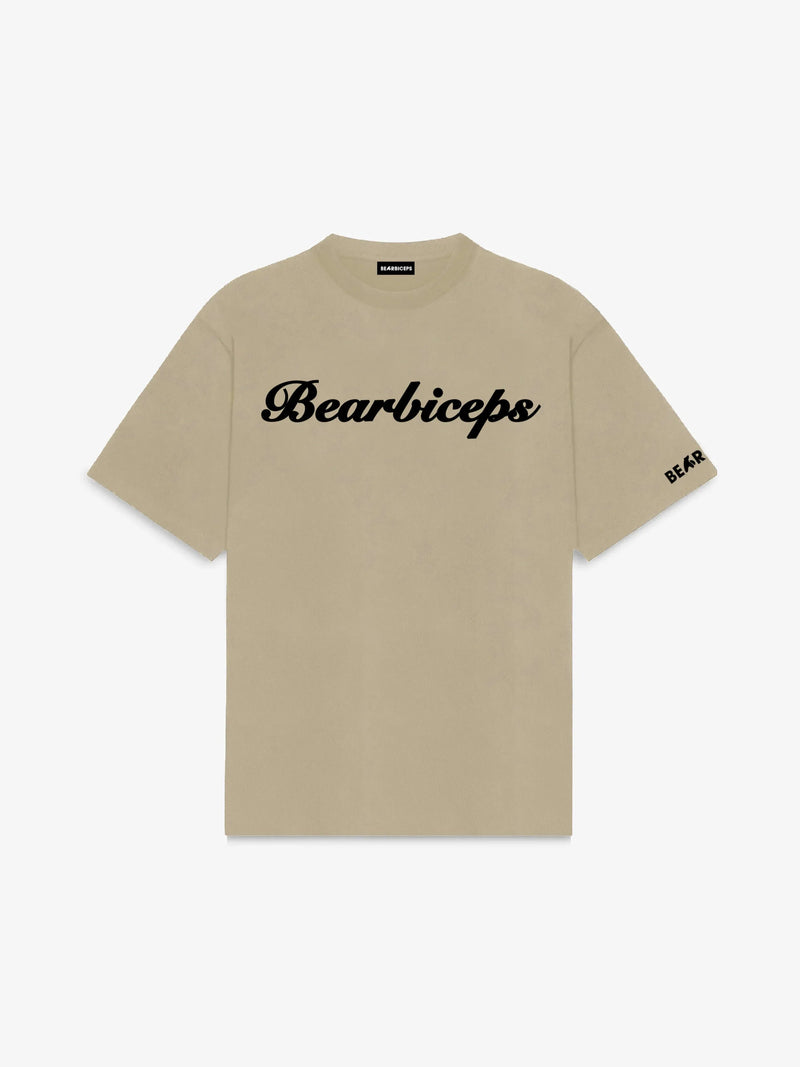 Beige t-shirt with 'BEARPACK' text on a white background