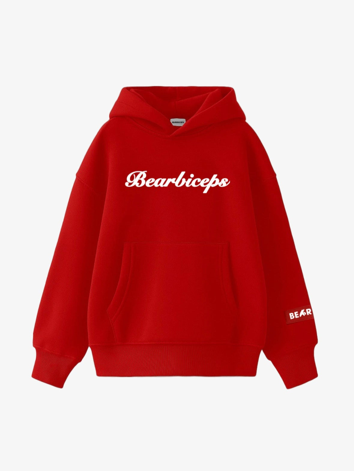 Red oversized BEARPACK hoodie with signature branding
